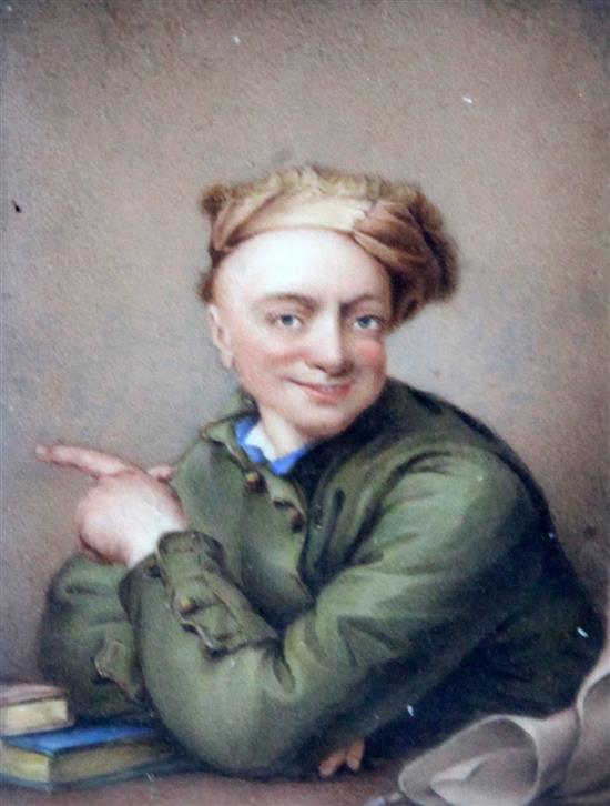 Albin Roberts Burt (1783-1842) Miniature of a young man pointing his finger 4 x 3in.